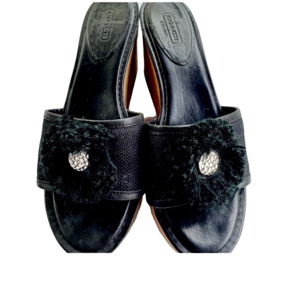COACH Jazmin Black Leather 
Canves Cork Platform Wedge Sandals - Picture 3 of 6